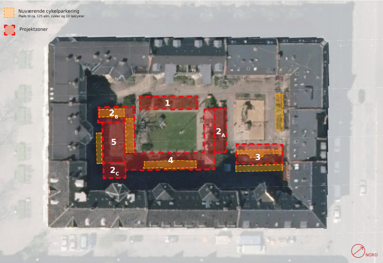 Satelitbillede med de 5 zoner for Gårdprojekt Baldersgården