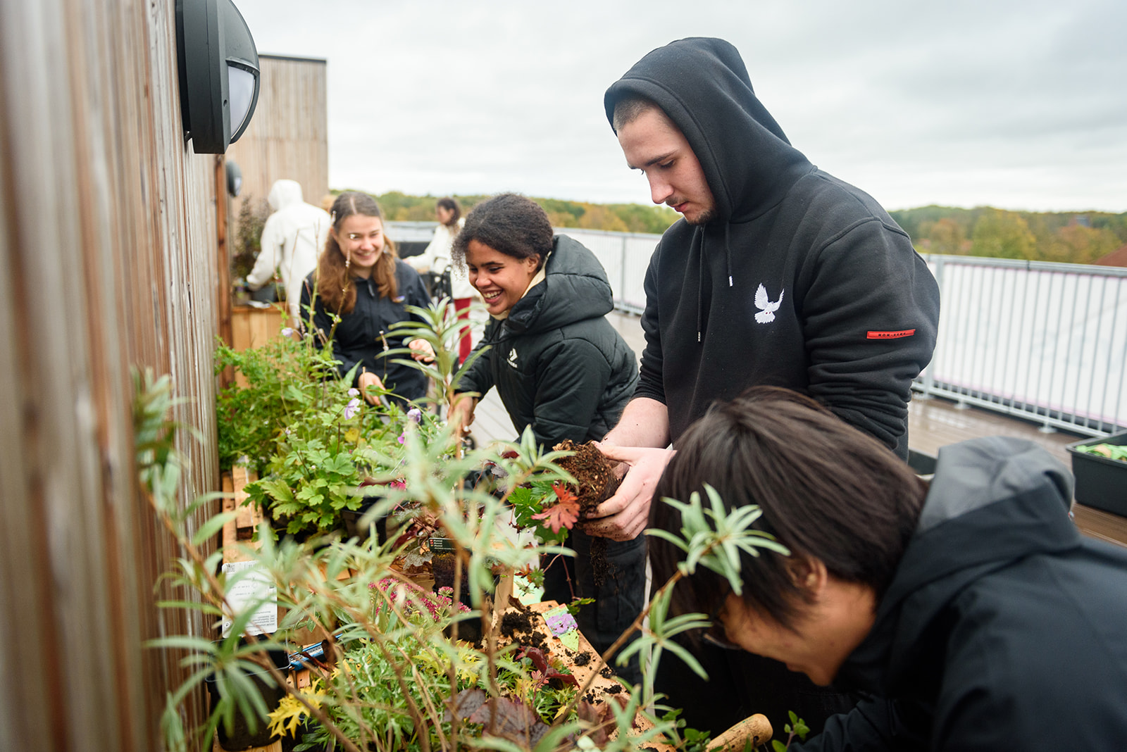 Selvvandende plantekasser skaber grønt fællesskab på kollegiet The Mark. beboere hygger sig under beplantnings-workshop. 